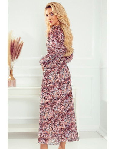 Robe midi en mousseline de soie - marron motif BOHO 