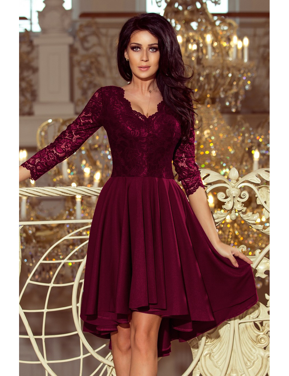 NICOLLE - robe dos plus long avec encolure dentelle - PRUNE 