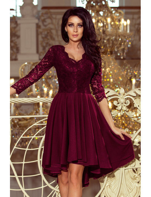 NICOLLE - robe dos plus long avec encolure dentelle - PRUNE 