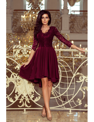 NICOLLE - robe dos plus long avec encolure dentelle - PRUNE 