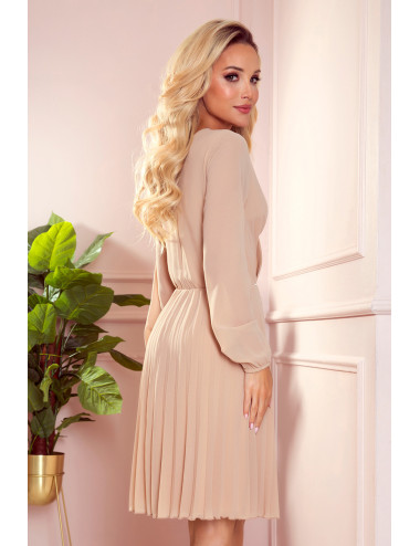 ISABELLE Robe plissée à encolure et manches longues - BEIGE 