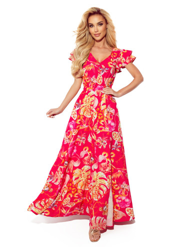 LIDIA robe longue à encolure et volants - rose à fleurs 