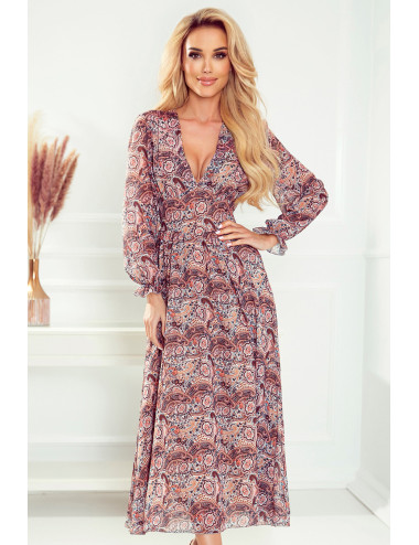 Robe midi en mousseline de soie - marron motif BOHO 