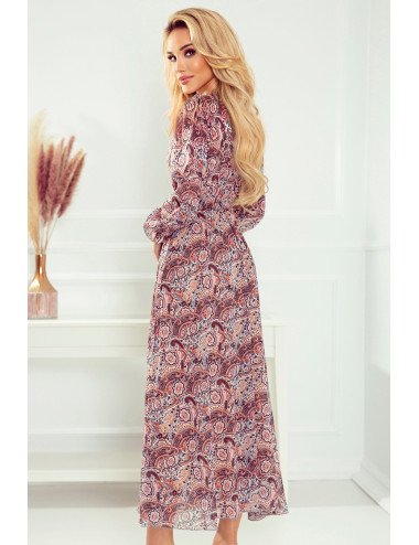 Robe midi en mousseline de soie - marron motif BOHO 