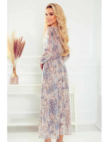 Robe midi en mousseline - motif BOHO beige et bleu 