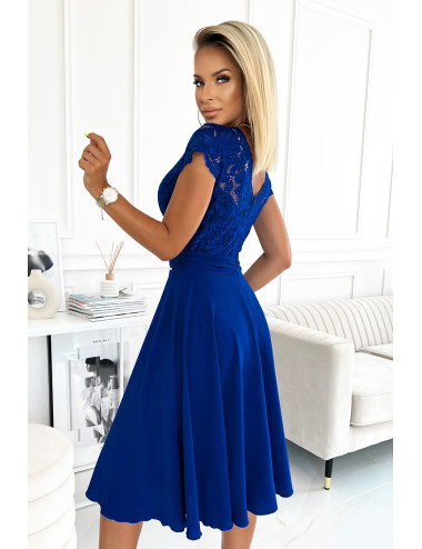 LINDA - robe en mousseline avec encolure en dentelle -  BLEU  - 381-3 