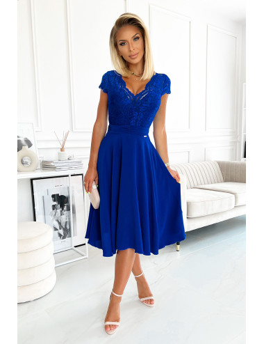 LINDA - robe en mousseline avec encolure en dentelle -  BLEU  - 381-3 