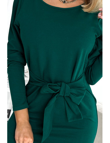 Robe à manches longues et un noeud à la taille - VERT BOUTEILLE 