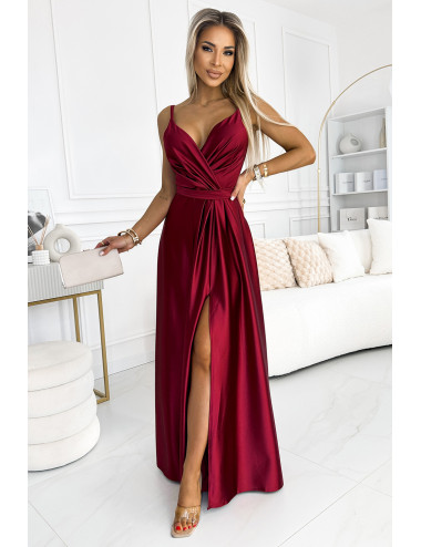 JULIET élégante robe longue en satin avec décolleté et fente sur les jambes 