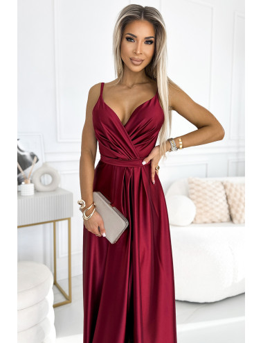 JULIET élégante robe longue en satin avec décolleté et fente sur les jambes 