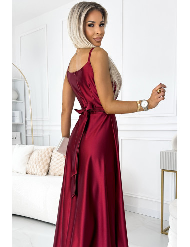 JULIET élégante robe longue en satin avec décolleté et fente sur les jambes 