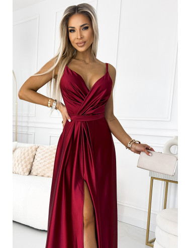 JULIET élégante robe longue en satin avec décolleté et fente sur les jambes 