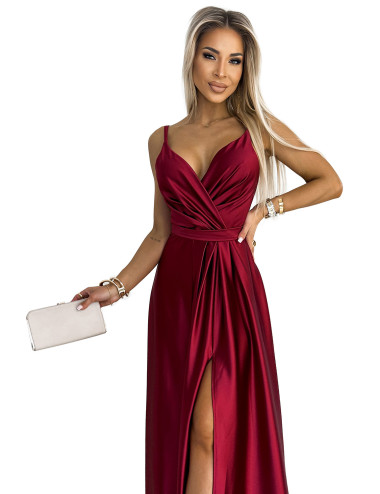 JULIET élégante robe longue en satin avec décolleté et fente sur les jambes 