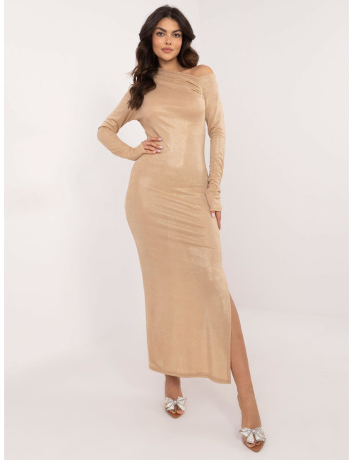 Robe de soirée camel à décolleté asymétrique