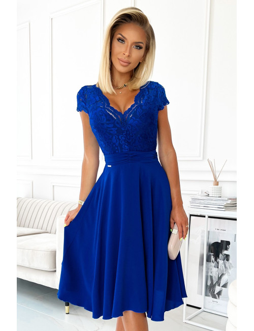 LINDA - robe en mousseline avec encolure en dentelle -  BLEU  - 381-3 