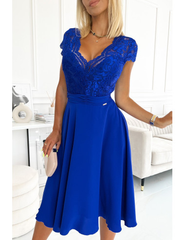 LINDA - robe en mousseline avec encolure en dentelle -  BLEU  - 381-3 