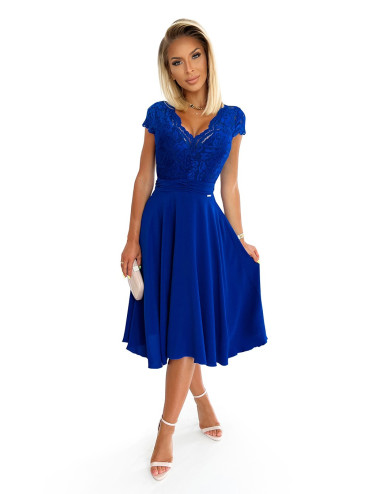 LINDA - robe en mousseline avec encolure en dentelle -  BLEU  - 381-3 