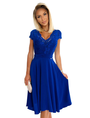 LINDA - robe en mousseline avec encolure en dentelle -  BLEU  - 381-3 