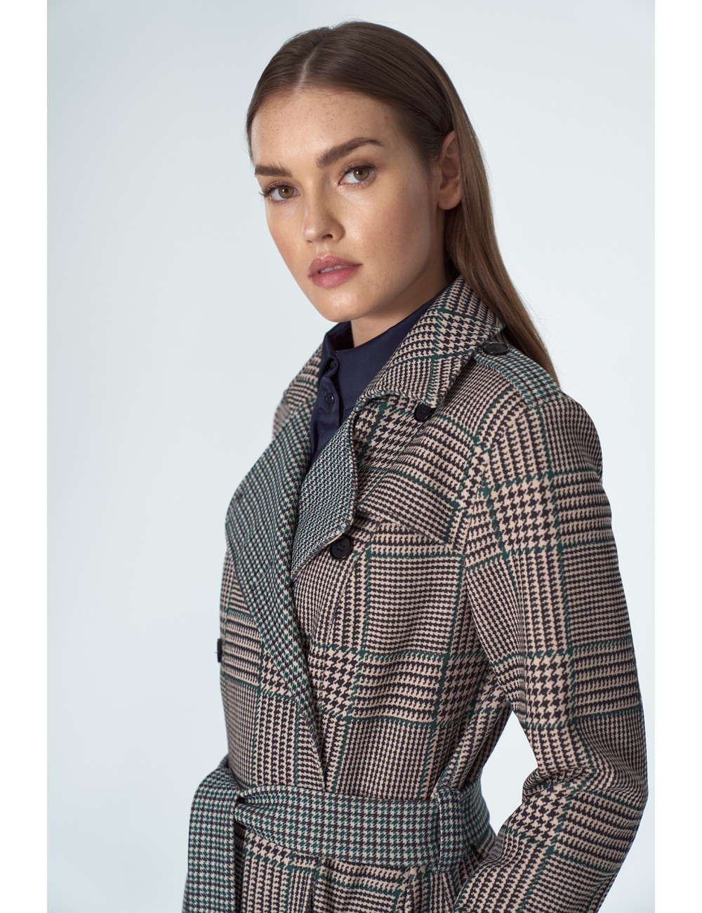 Manteau croisé avec ceinture pied-de-poule 