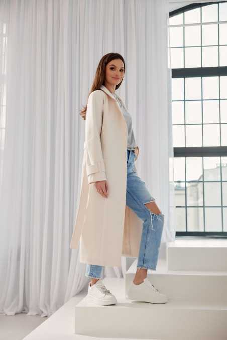Vivienne - long coat with pockets and tie BEJ  