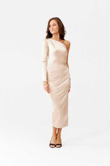 Virginia - satin midi dress with one long sleeve BEZ  