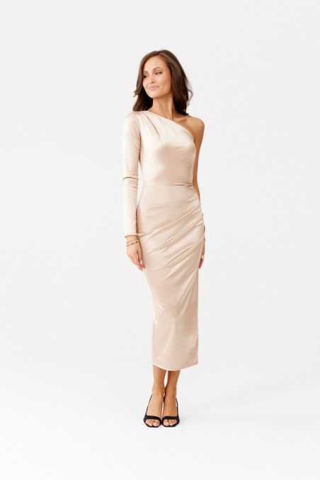 Virginia - satin midi dress with one long sleeve BEZ  