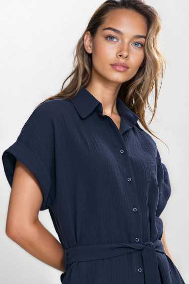 Robe-chemise en mousseline de coton - bleu marine - nife  