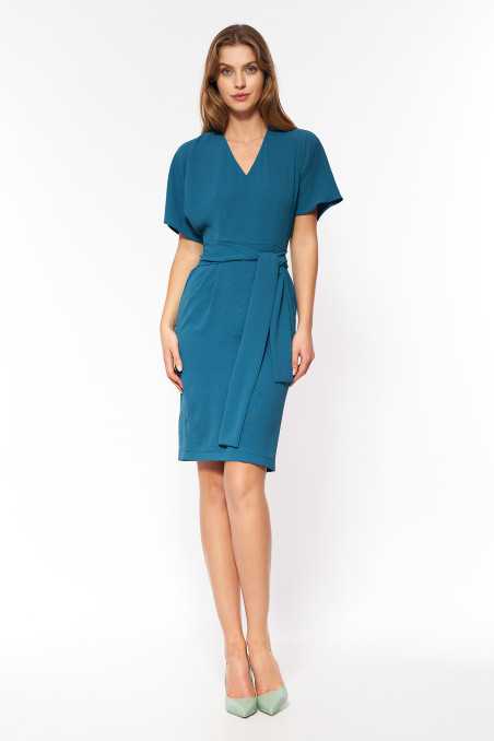 Robe élégante bleu azur avec une ceinture à nouer à la taille - nife  