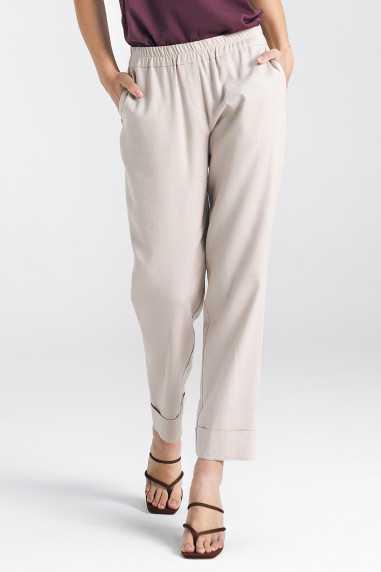 Pantalon en lin beige à taille élastiquée - nife  