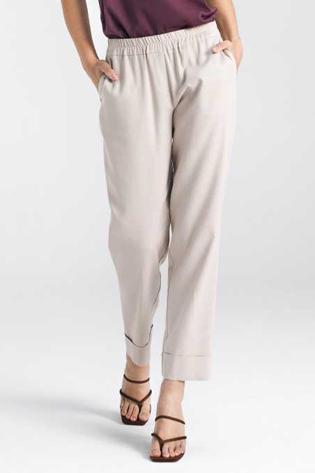Pantalon en lin beige à taille élastiquée - nife  