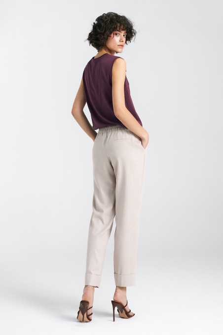 Pantalon en lin beige à taille élastiquée - nife  