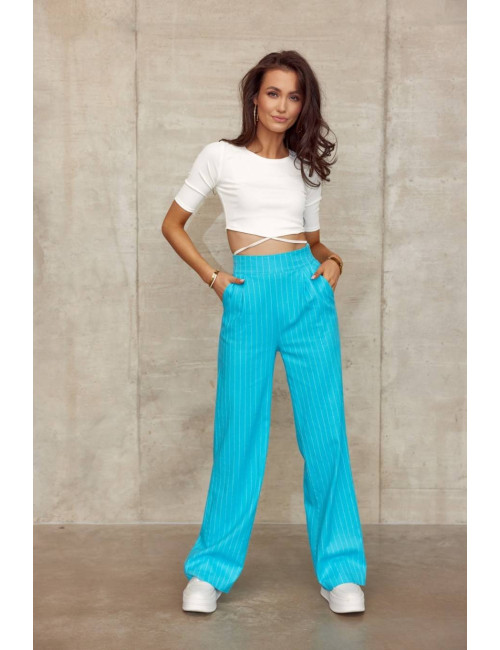 Pantalon femme en lin à rayures BLEU 