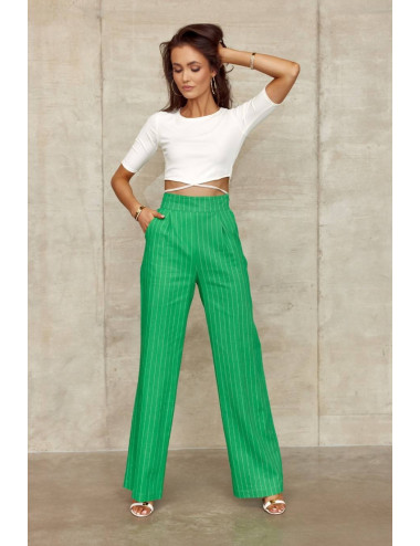 Pantalon femme en lin à rayures VERT 