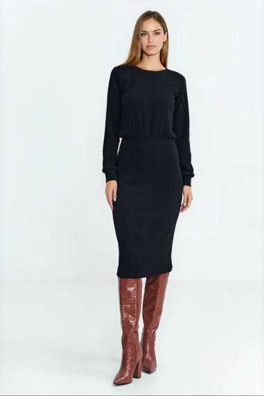 Robe en maille côtelée à manches longues - noire - nife  