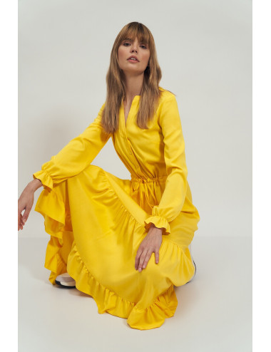 Robe longue jaune à volant 