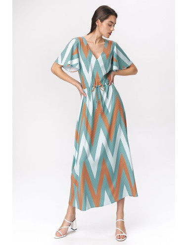 Robe longue turquoise à manches évasées - zigzag 