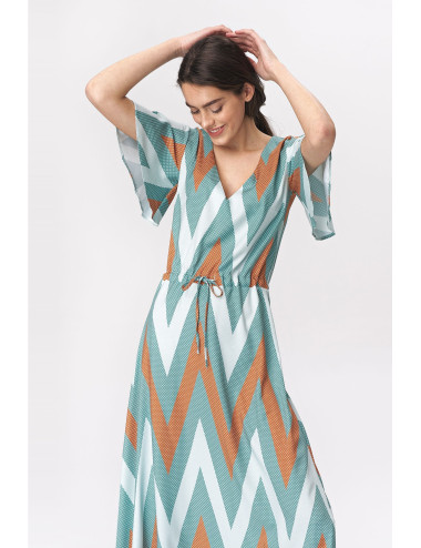 Robe longue turquoise à manches évasées - zigzag 