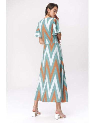 Robe longue turquoise à manches évasées - zigzag 