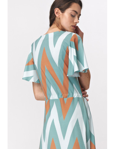 Robe longue turquoise à manches évasées - zigzag 