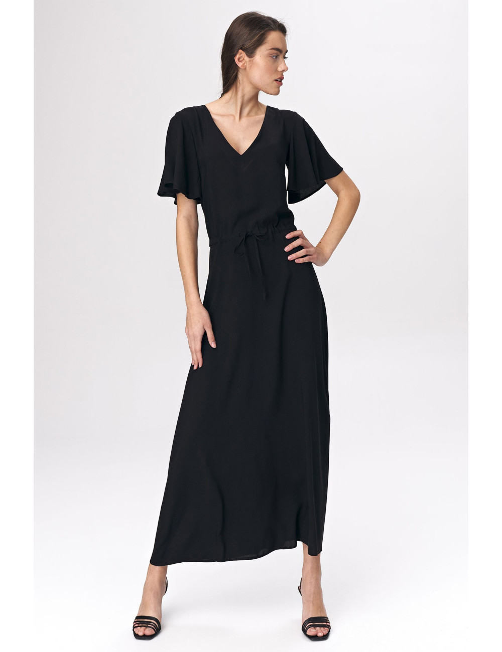 Robe longue noire à manches évasées 