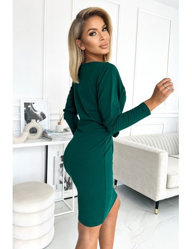 Robe à manches longues et un noeud à la taille - VERT BOUTEILLE 