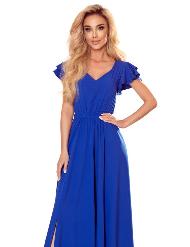 LIDIA robe longue décolleté et volants - bleu 