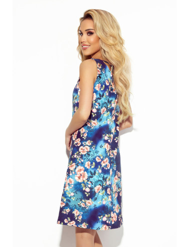 Robe trapèze avec un décolleté - FLEURS roses sur bleu marine 