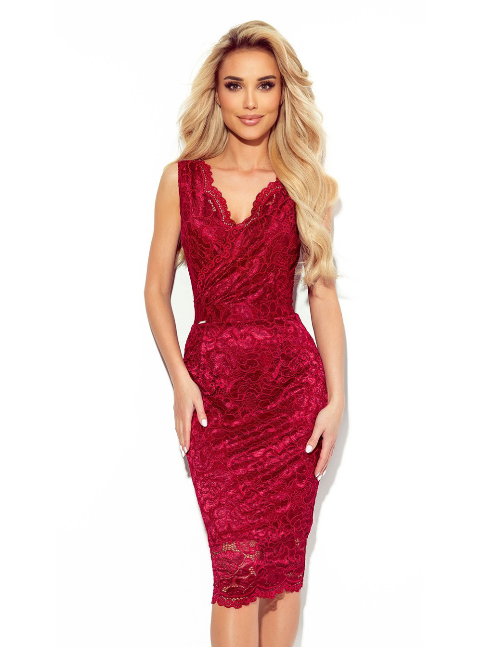 Robe midi en dentelle à encolure enveloppe - Couleur bordeaux 