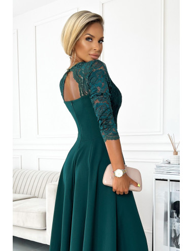 AMBER robe longue en dentelle élégante avec un décolleté - VERT BOUTEILLE  -  309-5 