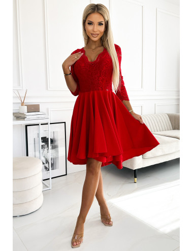  210-16 NICOLLE sukienka z koronkowym dekoltem i dłuższym tyłem - czerwona  
