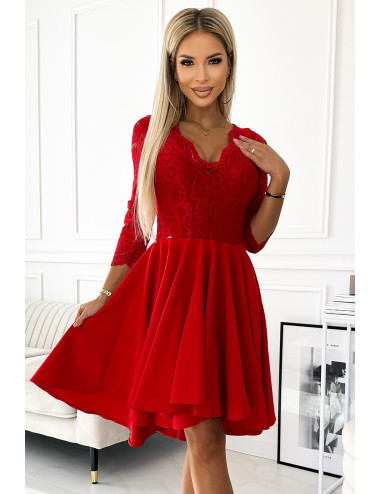  210-16 NICOLLE sukienka z koronkowym dekoltem i dłuższym tyłem - czerwona  