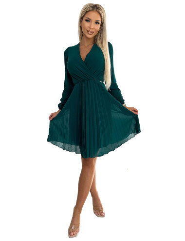  313-14 ISABELLE Plisowana szyfonowa sukienka z dekoltem - ZIELONA  