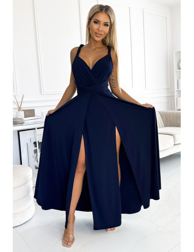  509-1 Elegancka długa suknia wiązana na wiele sposobów - GRANATOWA  