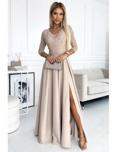  309-10 AMBER koronkowa elegancka długa suknia z dekoltem i rozcięciem na nogę - BEŻOWA  